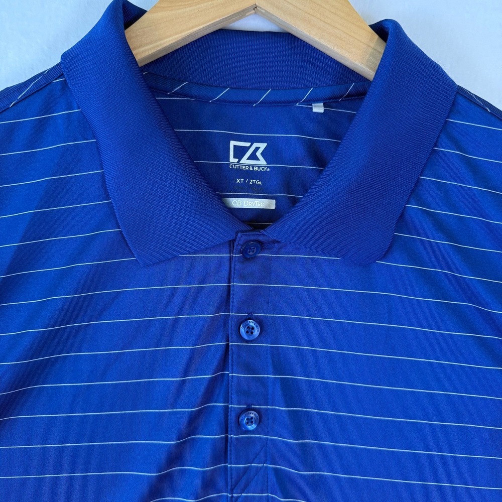 Cutter & Buck Mens 2XT Blue Striped CB DryTec Performance Golf Polo Shirt 2XLT
